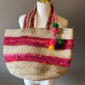 America & Beyond Boho Jute Straw Tote Pink Stripe Pom Pom Beach Market Bag